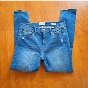 Frame Le Skinny de Jeanne Crop Blue Distressed Stretch Denim Jeans 32